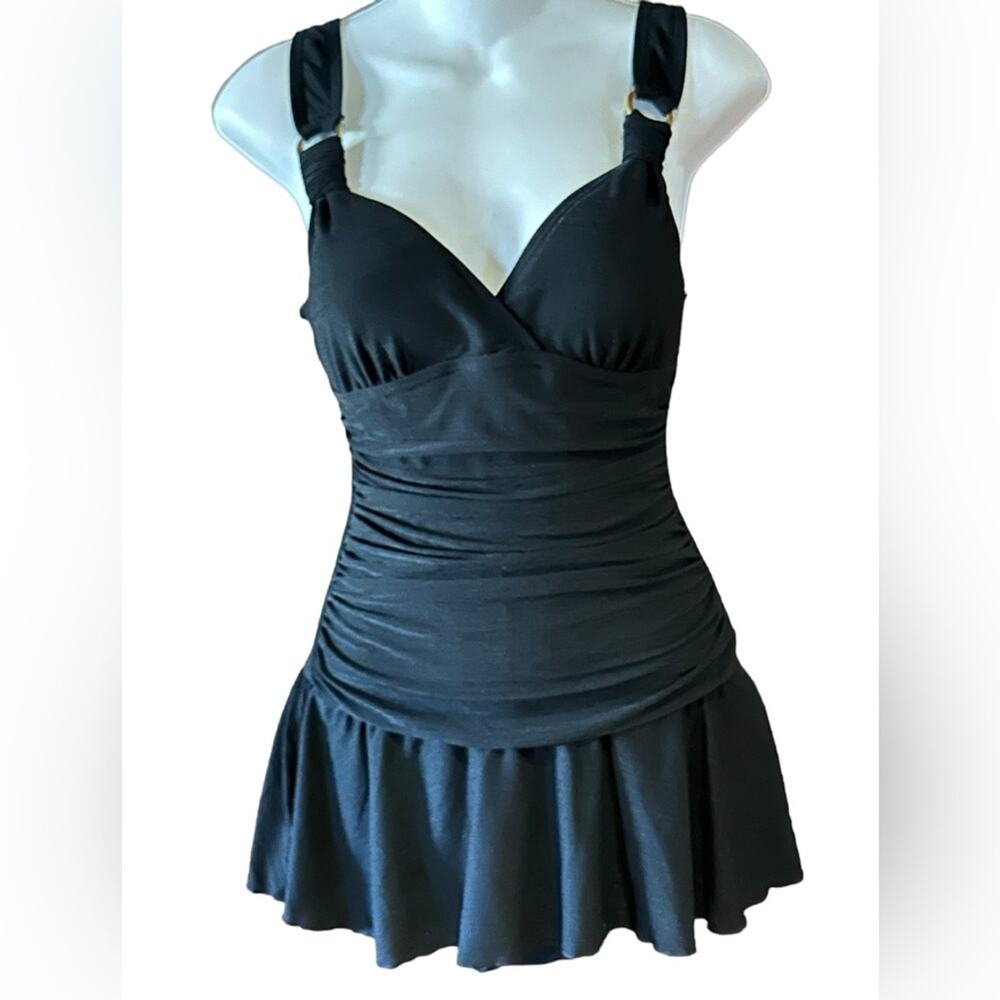 White Stag Black One Piece Swimsuit Womens Medium (8/10) Gold Trim Ruched Waist